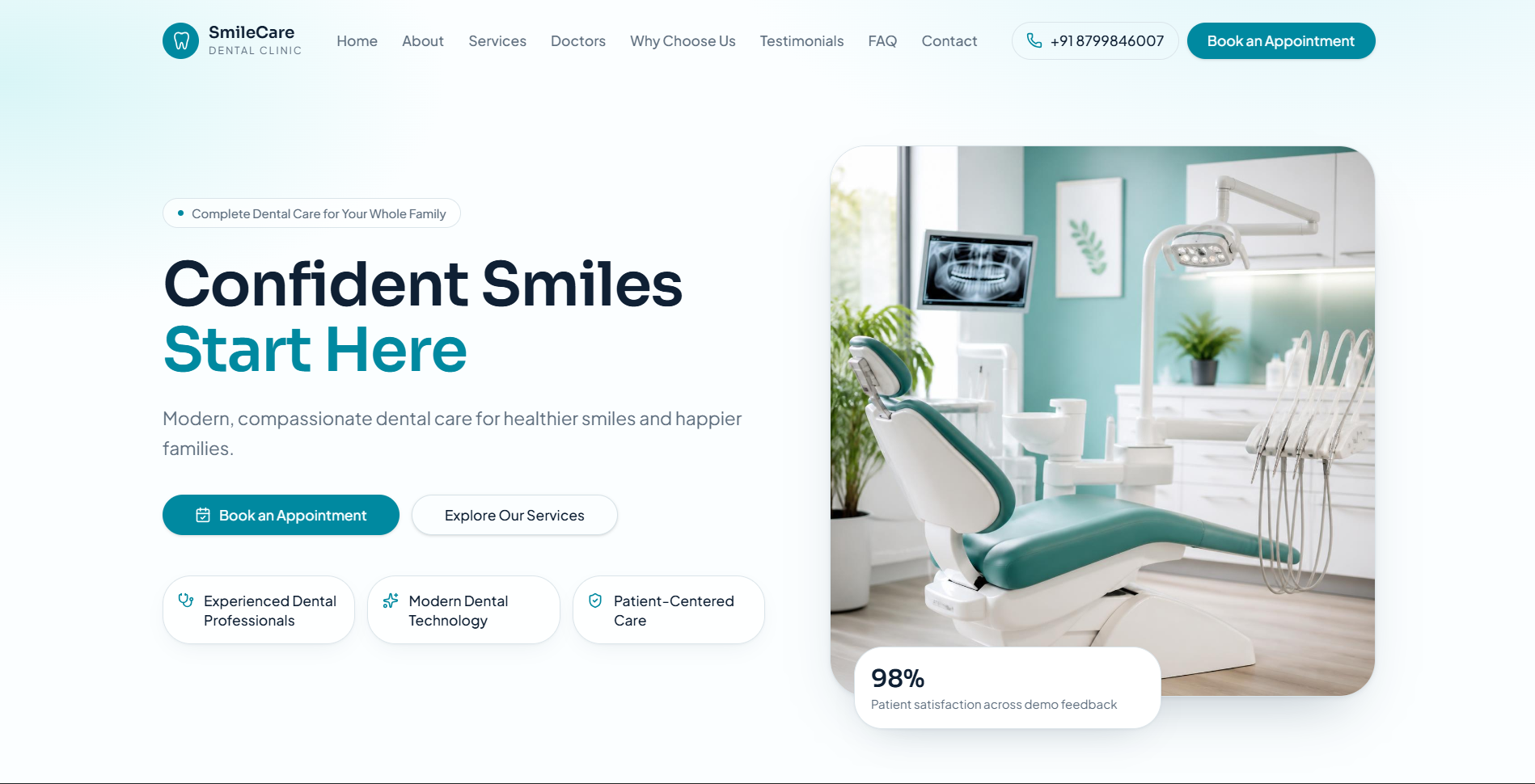 SmileCare Dental Clinic website showcasing dental services, treatment results, clinic information and appointment options