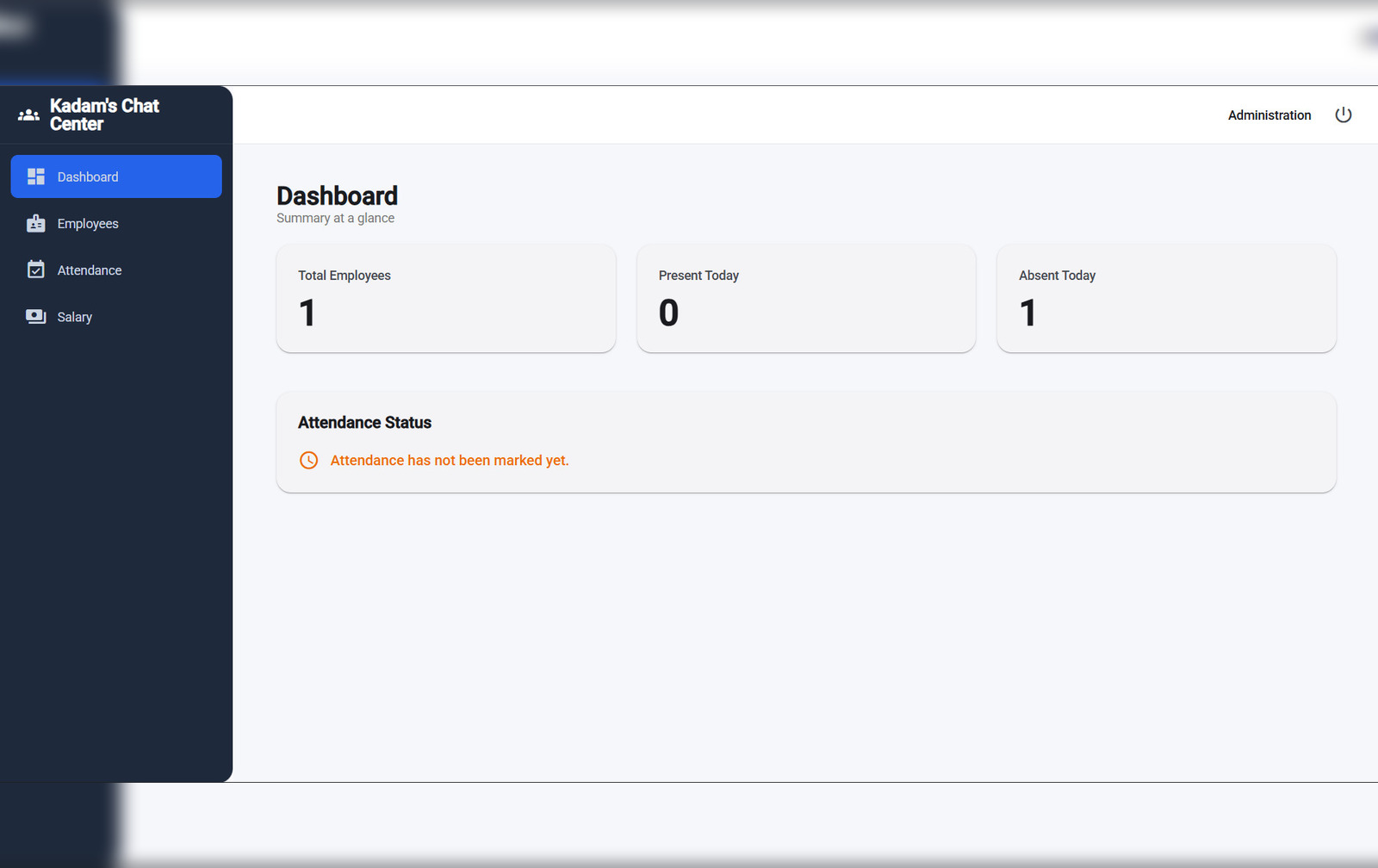 Simple HRMS dashboard showing employee, attendance and payroll management screens