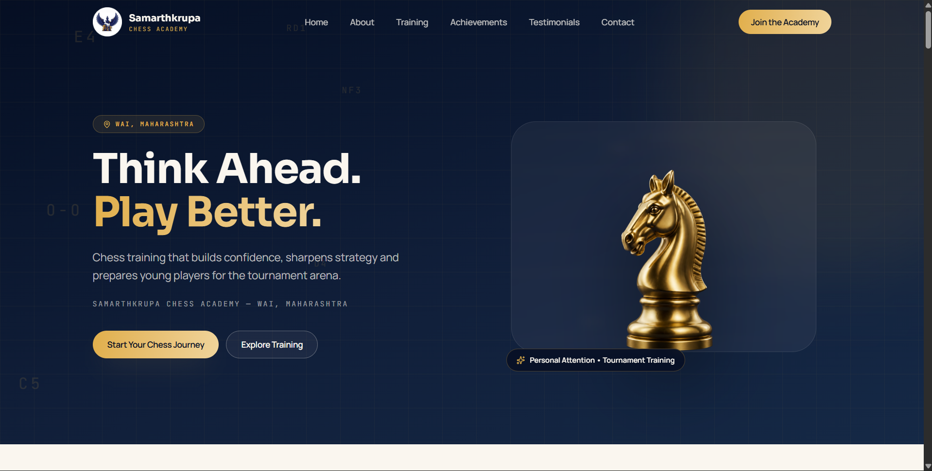 Samarthkrupa Chess Academy website showcasing chess coaching programs, achievements and testimonials